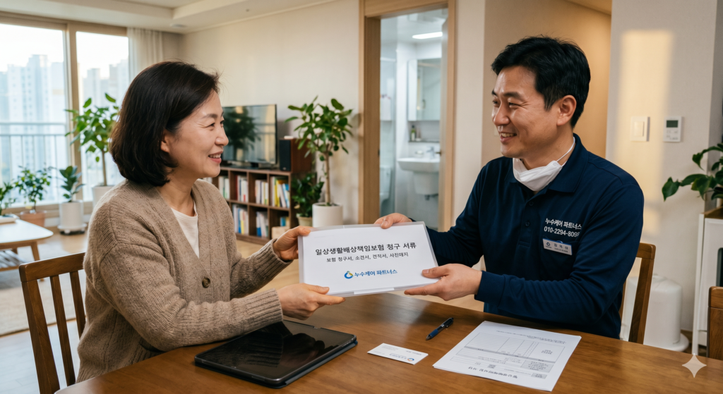 분당 누수탐지 화장실 배관 누수탐지 비용 일상생활 배상 책임 보험 관련 서류를 작성해주는 연출 사진