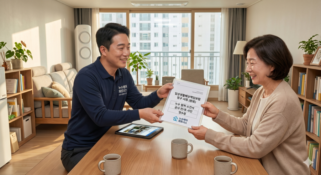 안성 누수탐지 아랫집 물샘 보험처리 업체 보험 서류를 전달해주는 장면