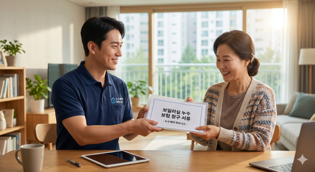 정왕동 누수탐지 보험처리 누수 보험 서류를 챙겨주는 연출 사진